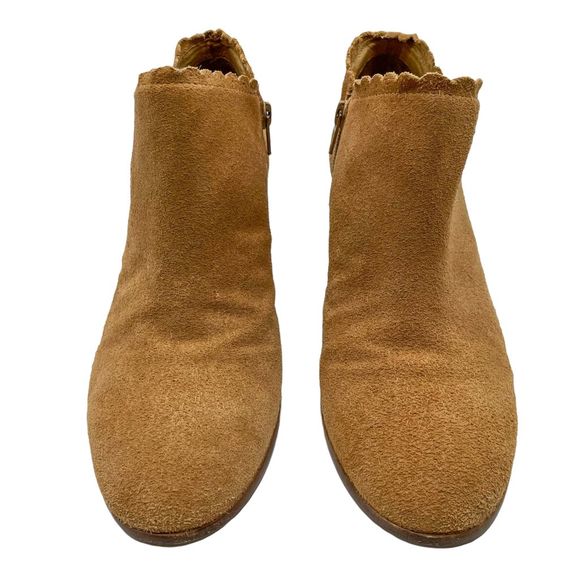 Jack Rogers Marianne Suede Scallop Trim Heeled Ankle Bootie Tan - Picture 12 of 14